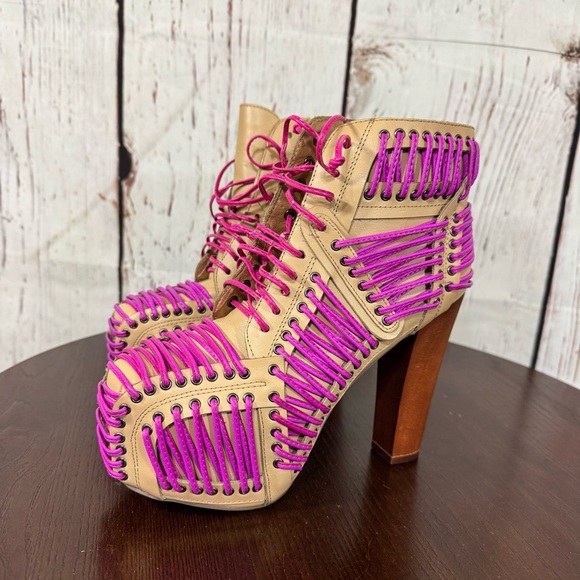 JEFFREY CAMPBELL LITA LACED in Neon Pink & Purple On Tan Leather Ankle Boots 6.5 - Picture 13 of 16
